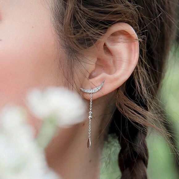 Silver Crescent Earrings Crystal Pearl Flower - Picture 2 of 7